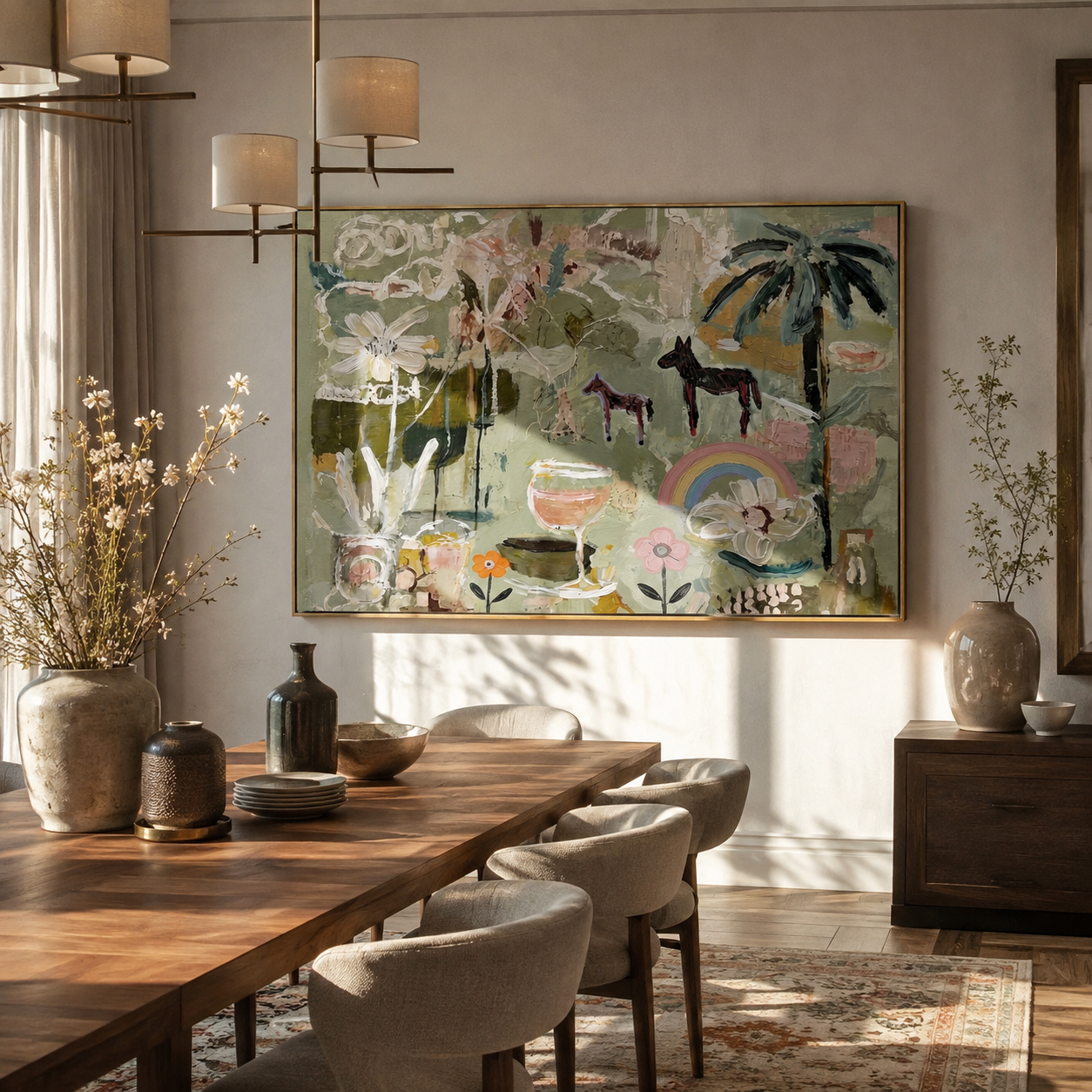 Pastel Horses Meet the Garden - horses flowers and rainbow painting by Elliot Vale, modern figurative horizontal wall art – styled room scene view 1