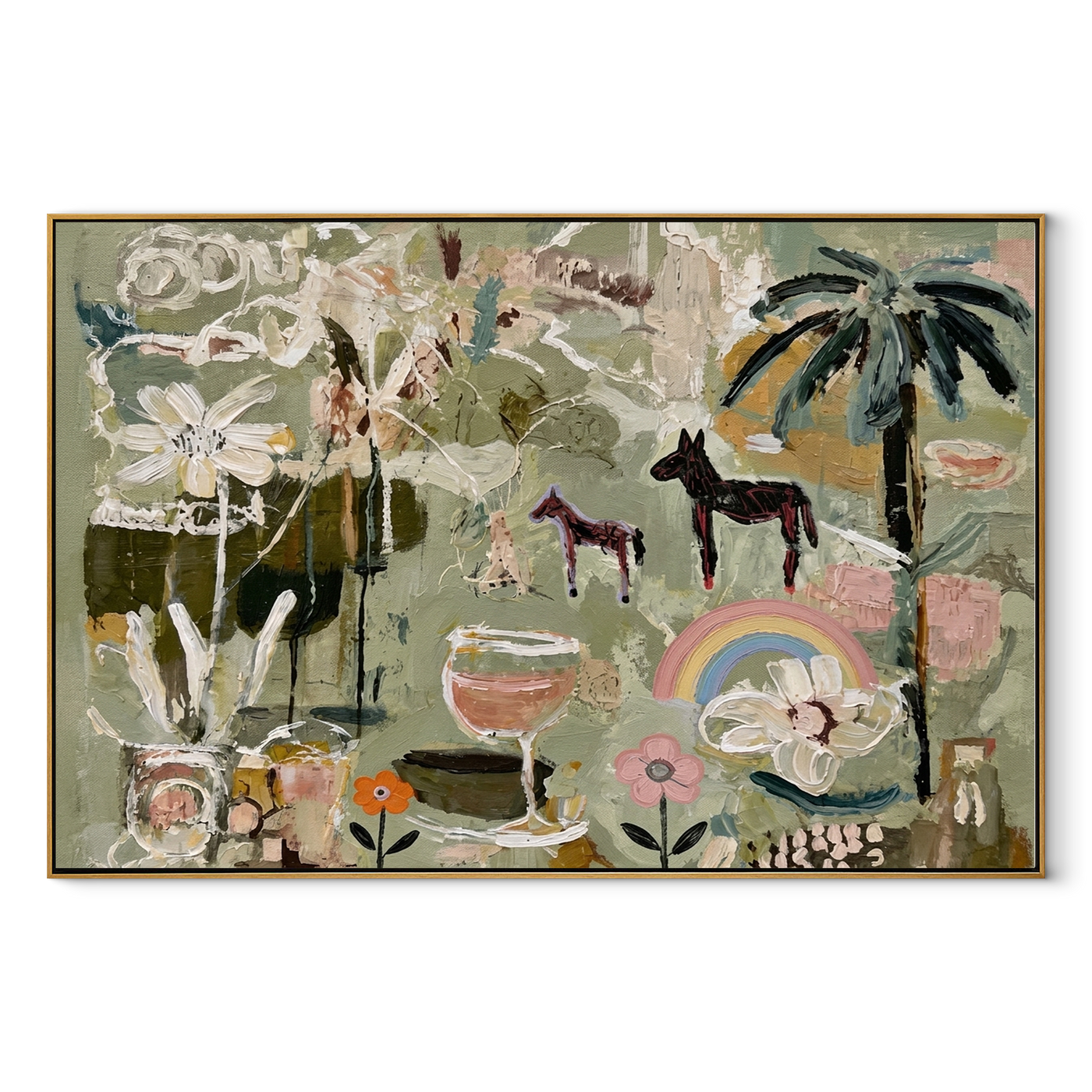 Pastel Horses Meet the Garden - horses flowers and rainbow painting by Elliot Vale, modern figurative horizontal wall art – wood frame on white background