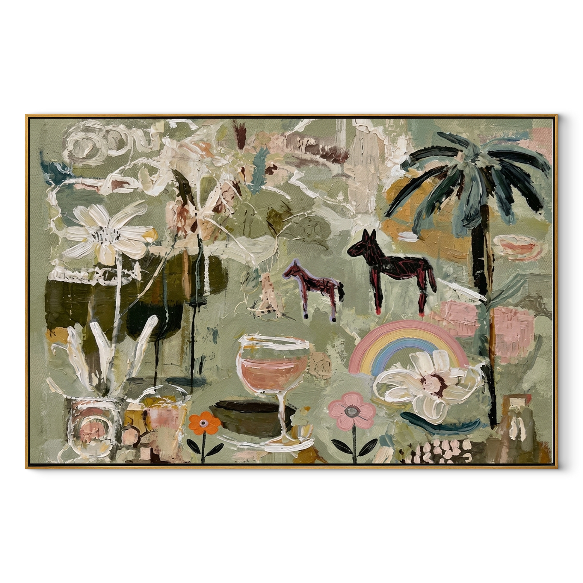 Pastel Horses Meet the Garden - horses flowers and rainbow painting by Elliot Vale, modern figurative horizontal wall art – wood frame on white background