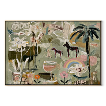 Pastel Horses Meet the Garden - horses flowers and rainbow painting by Elliot Vale, modern figurative horizontal wall art – wood frame on white background