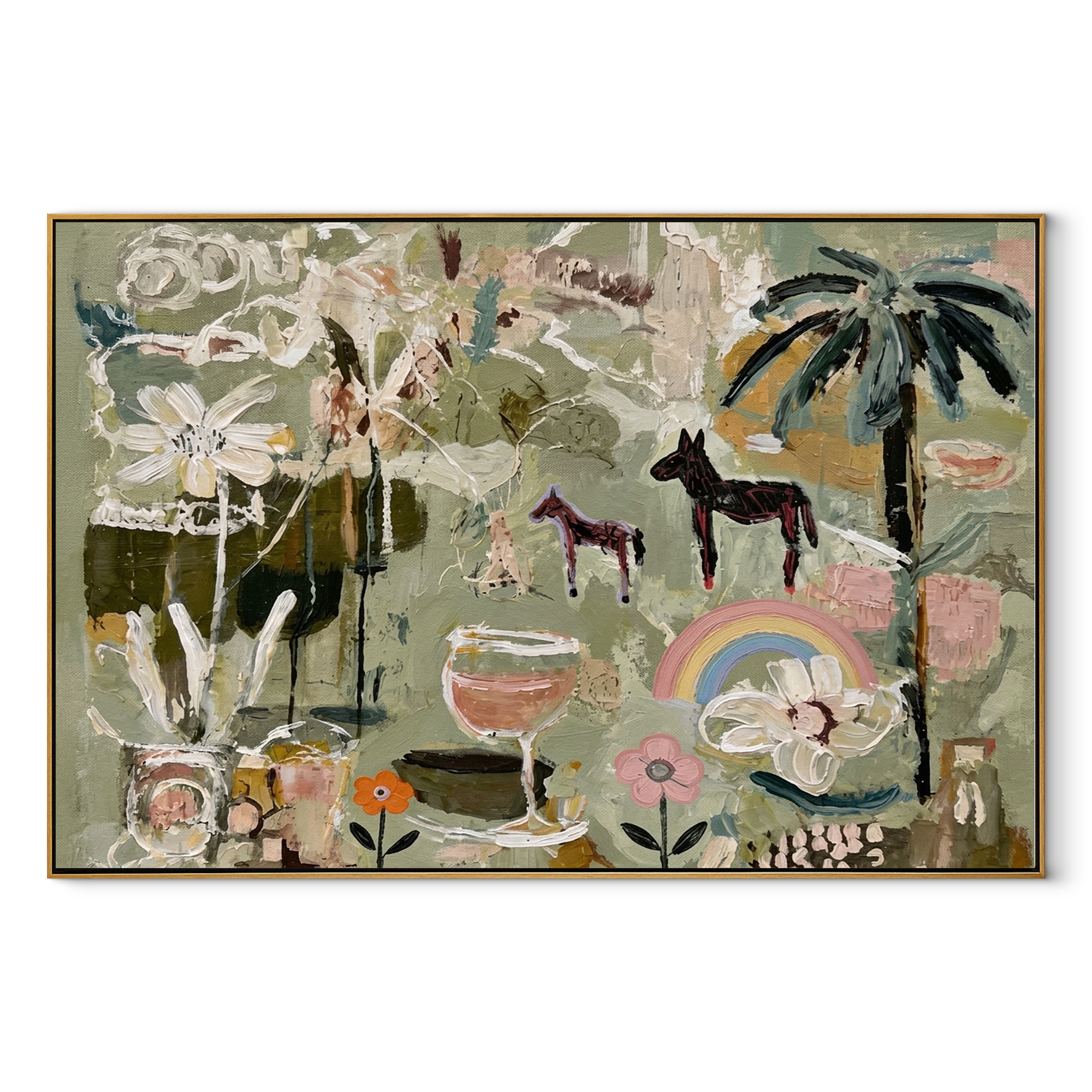 Pastel Horses Meet the Garden - horses flowers and rainbow painting by Elliot Vale, modern figurative horizontal wall art – wood frame on white background