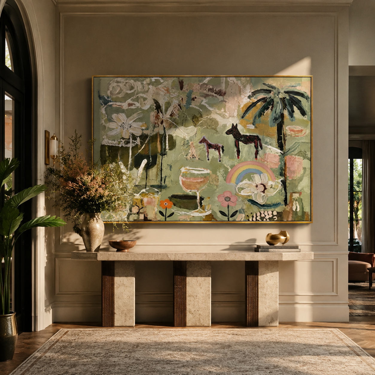 Pastel Horses Meet the Garden - horses flowers and rainbow painting by Elliot Vale, modern figurative horizontal wall art – styled room scene view 2