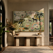 Pastel Horses Meet the Garden - horses flowers and rainbow painting by Elliot Vale, modern figurative horizontal wall art – styled room scene view 2