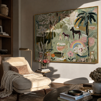 Pastel Horses Meet the Garden - horses flowers and rainbow painting by Elliot Vale, modern figurative horizontal wall art – styled room scene view 3
