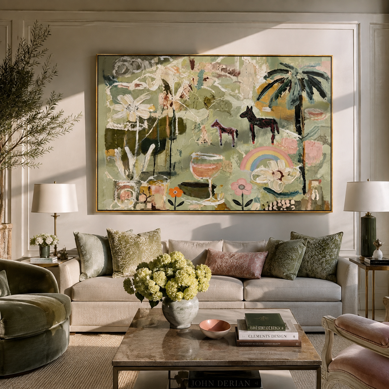 Pastel Horses Meet the Garden - horses flowers and rainbow painting by Elliot Vale, modern figurative horizontal wall art – styled room scene view 4