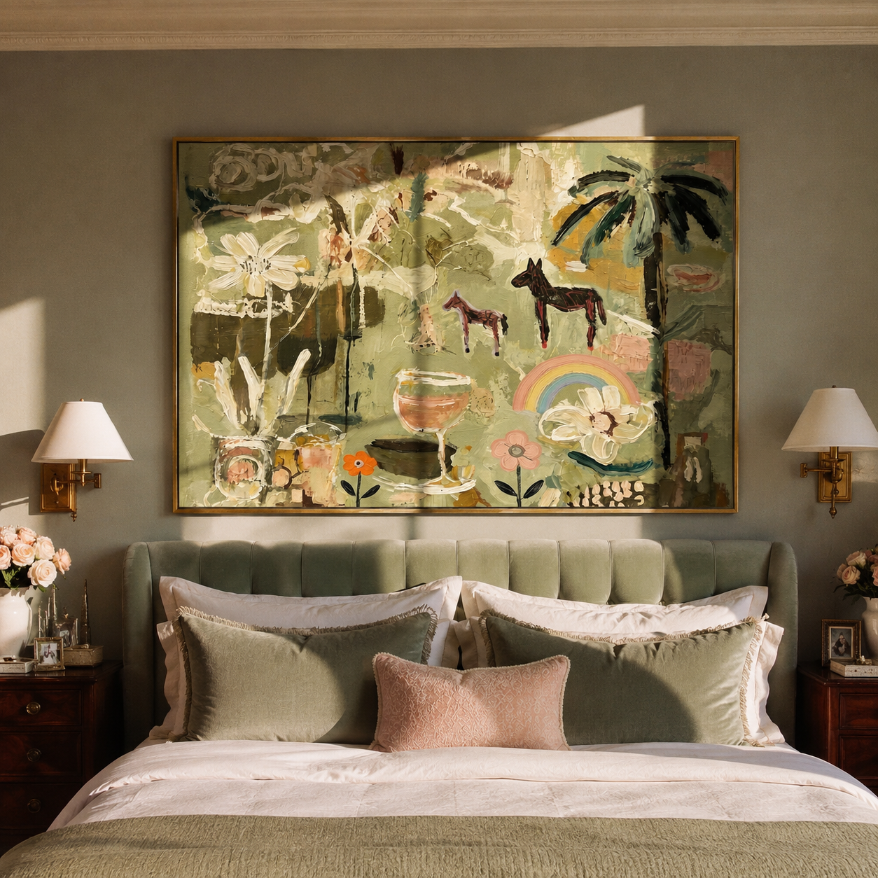 Pastel Horses Meet the Garden - horses flowers and rainbow painting by Elliot Vale, modern figurative horizontal wall art – styled room scene view 5