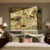 Pastel Horses Meet the Garden - horses flowers and rainbow painting by Elliot Vale, modern figurative horizontal wall art – styled room scene view 5