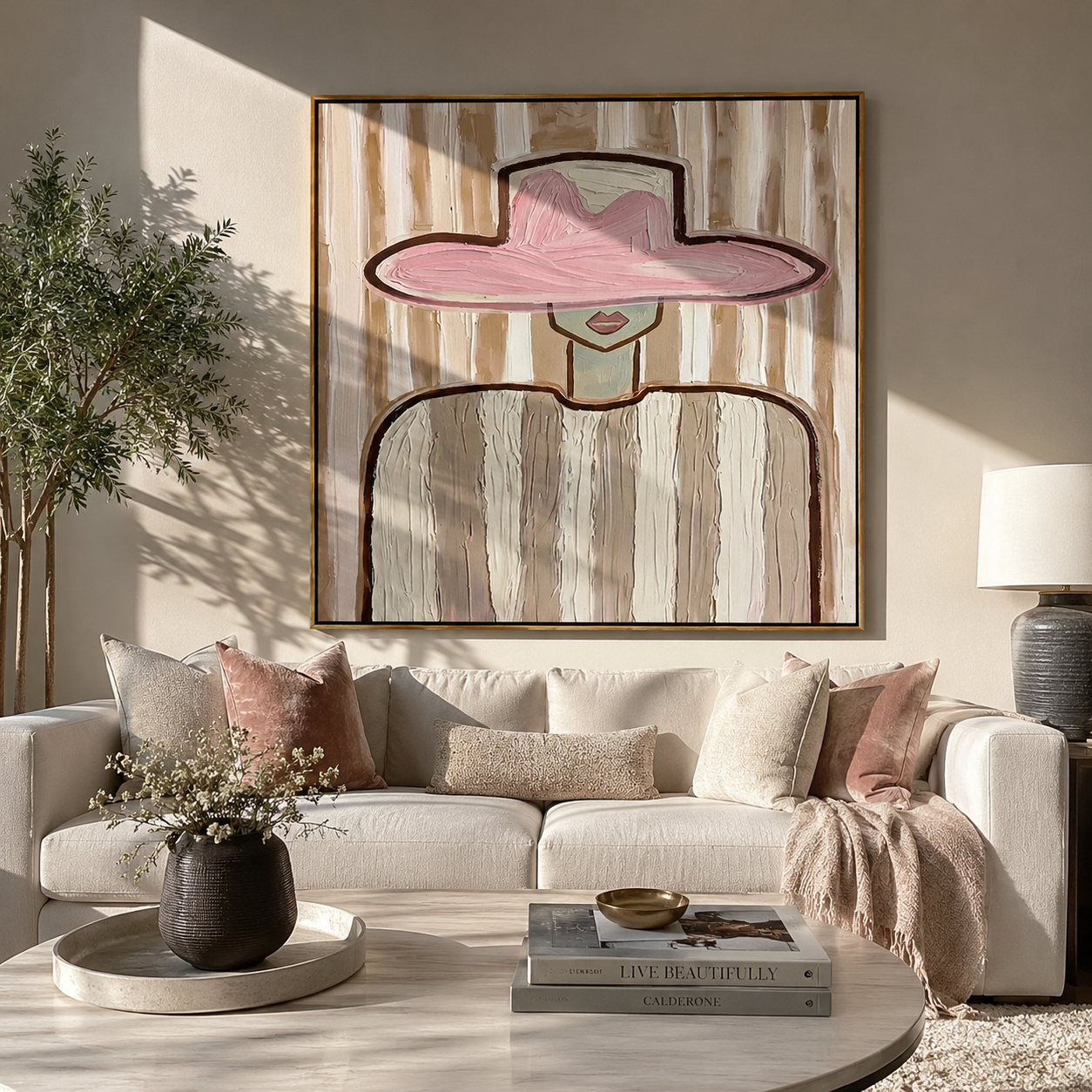 Pink Brim Holds the Room - wide hat cowgirl portrait painting by Elliot Vale, modern figurative square wall art – styled room scene view 1