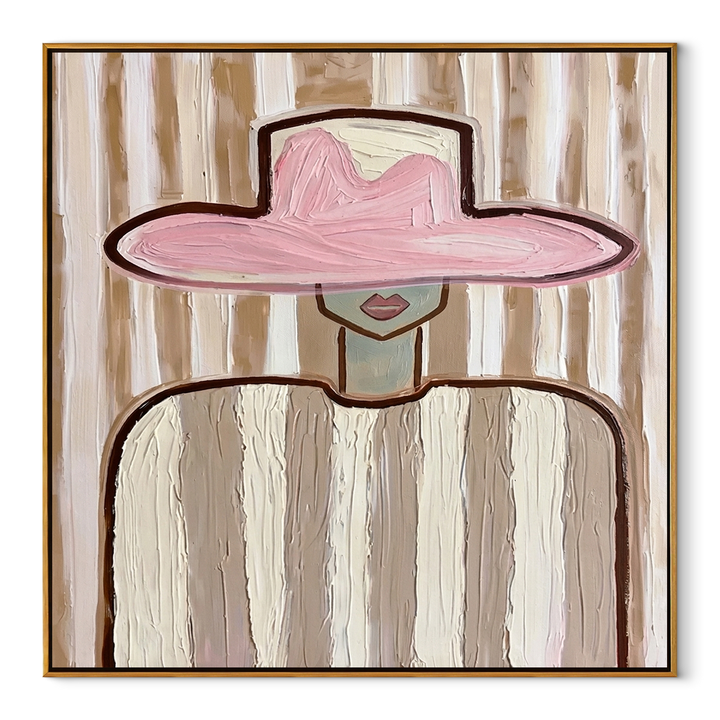 Pink Brim Holds the Room - wide hat cowgirl portrait painting by Elliot Vale, modern figurative square wall art – wood frame on white background