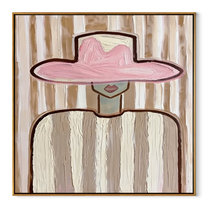 Pink Brim Holds the Room - wide hat cowgirl portrait painting by Elliot Vale, modern figurative square wall art – wood frame on white background
