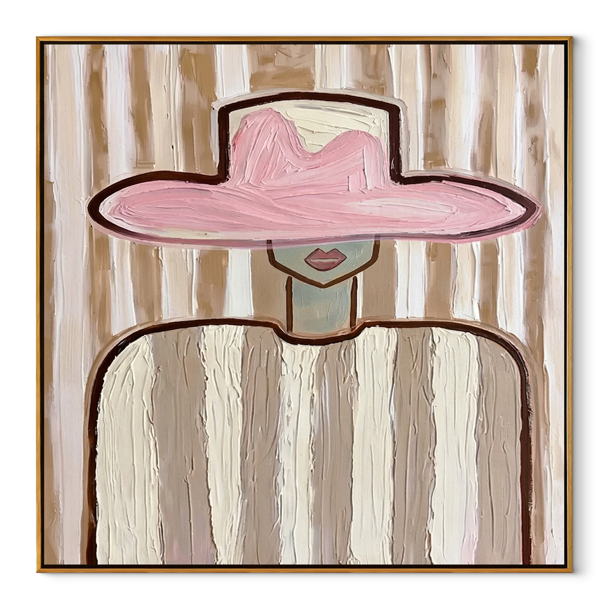Pink Brim Holds the Room - wide hat cowgirl portrait painting by Elliot Vale, modern figurative square wall art – wood frame on white background
