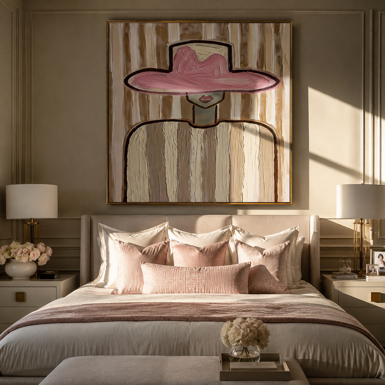 Pink Brim Holds the Room - wide hat cowgirl portrait painting by Elliot Vale, modern figurative square wall art – styled room scene view 2