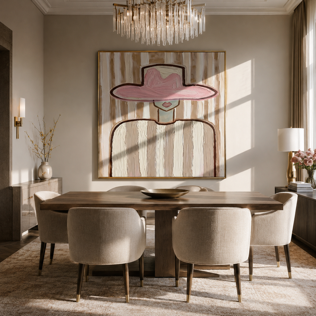 Pink Brim Holds the Room - wide hat cowgirl portrait painting by Elliot Vale, modern figurative square wall art – styled room scene view 3