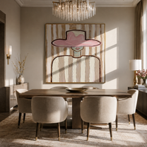 Pink Brim Holds the Room - wide hat cowgirl portrait painting by Elliot Vale, modern figurative square wall art – styled room scene view 3