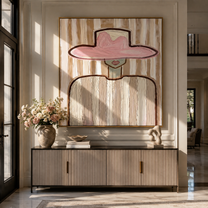 Pink Brim Holds the Room - wide hat cowgirl portrait painting by Elliot Vale, modern figurative square wall art – styled room scene view 4