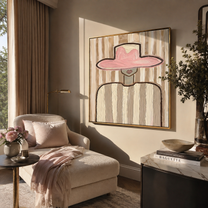 Pink Brim Holds the Room - wide hat cowgirl portrait painting by Elliot Vale, modern figurative square wall art – styled room scene view 5