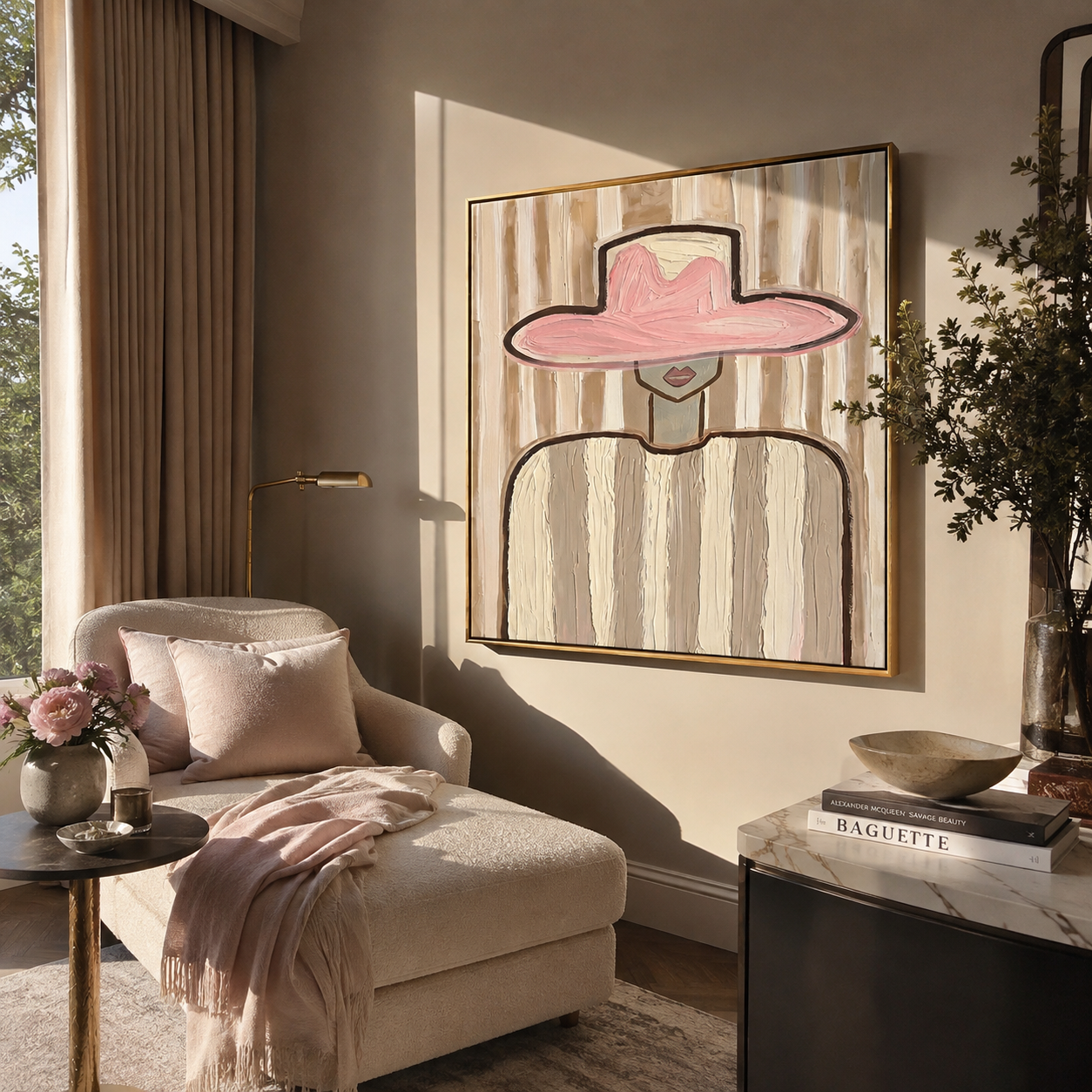 Pink Brim Holds the Room - wide hat cowgirl portrait painting by Elliot Vale, modern figurative square wall art – styled room scene view 5