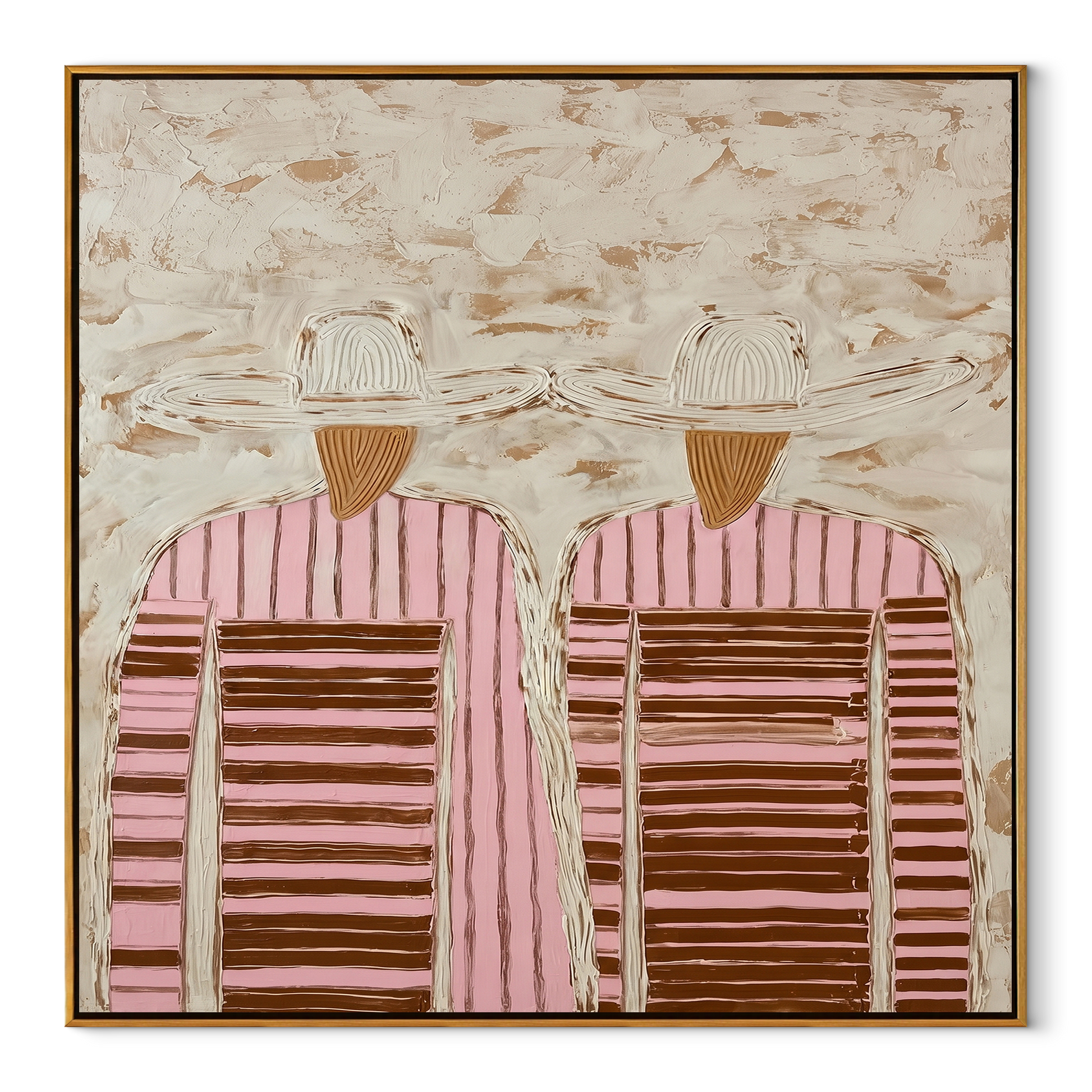 Pale Hats Hide Stripes - twin striped figure painting by Elliot Vale, modern figurative square wall art – wood frame on white background
