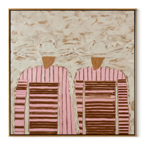 Pale Hats Hide Stripes - twin striped figure painting by Elliot Vale, modern figurative square wall art – wood frame on white background