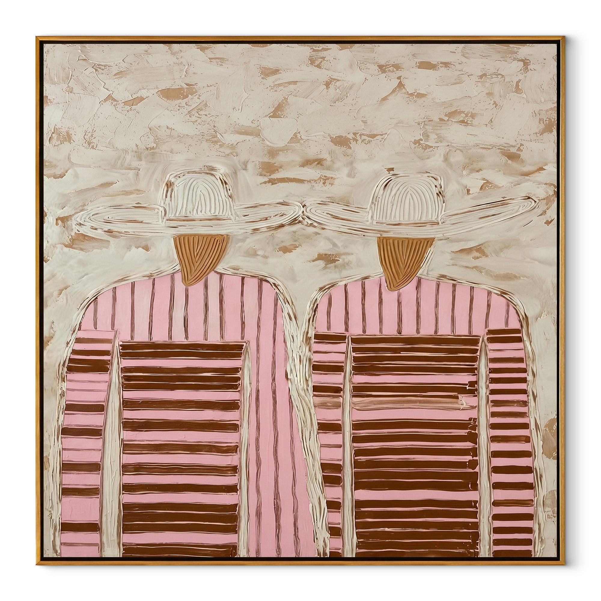 Pale Hats Hide Stripes - twin striped figure painting by Elliot Vale, modern figurative square wall art – wood frame on white background