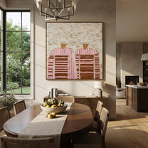Pale Hats Hide Stripes - twin striped figure painting by Elliot Vale, modern figurative square wall art – styled room scene view 2