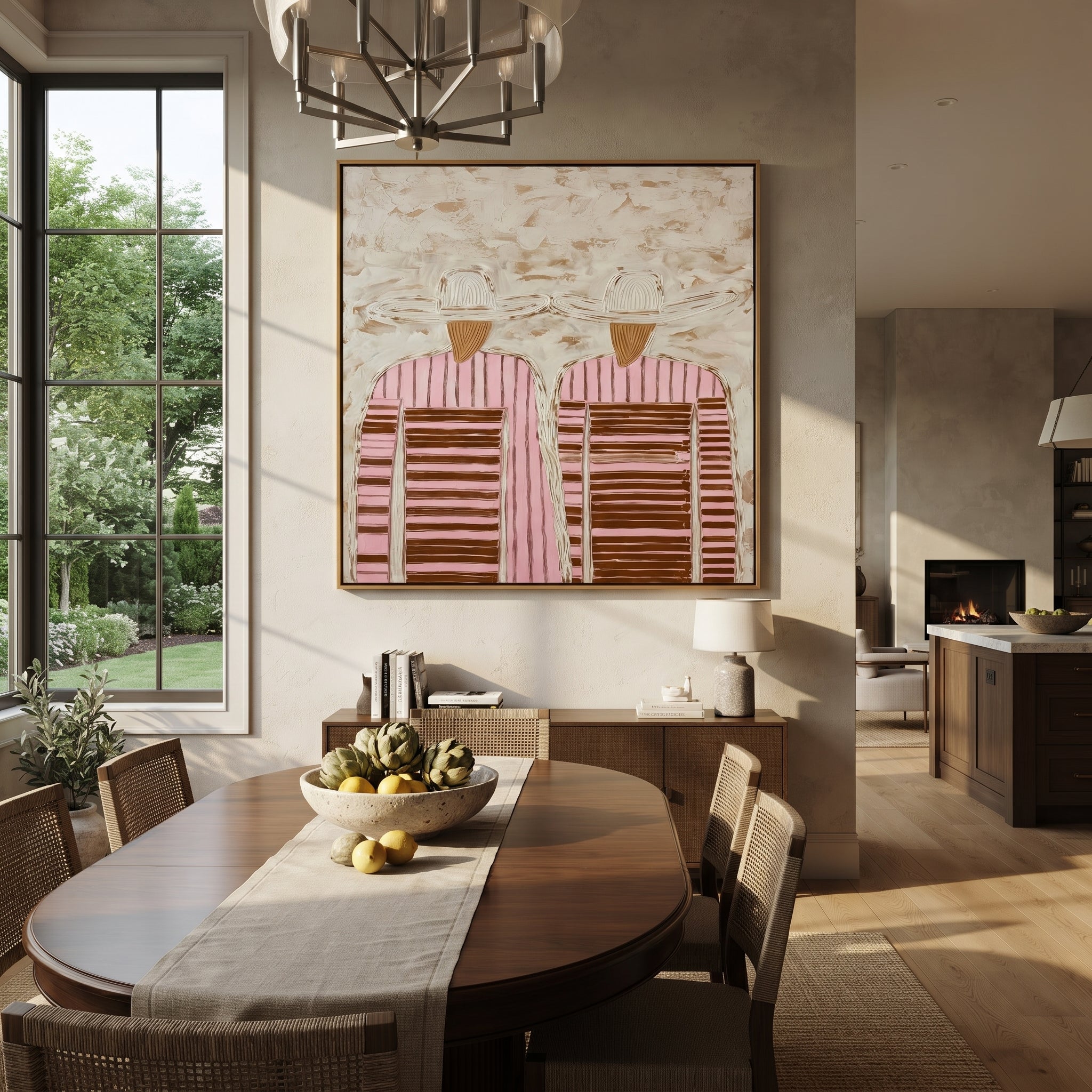 Pale Hats Hide Stripes - twin striped figure painting by Elliot Vale, modern figurative square wall art – styled room scene view 2