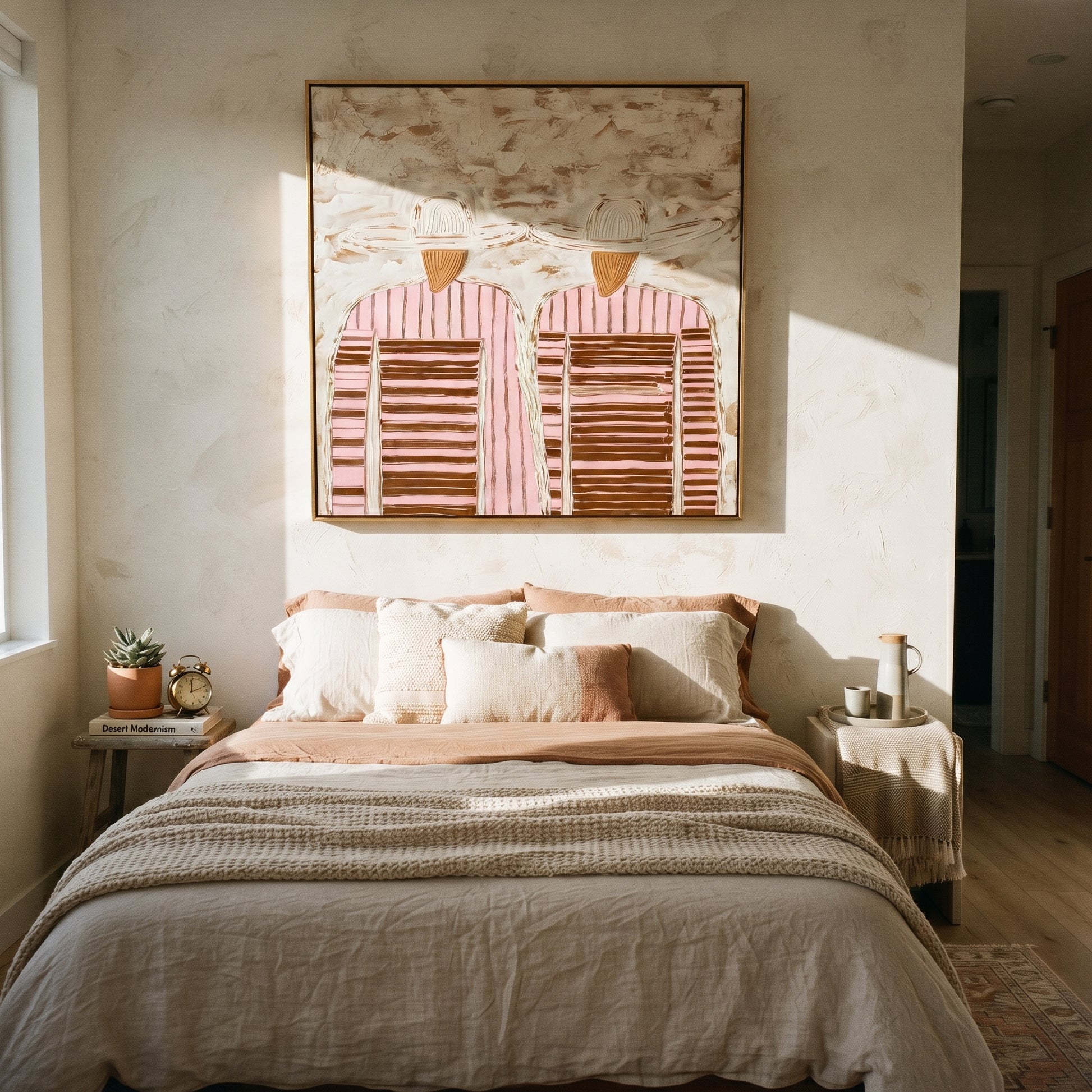 Pale Hats Hide Stripes - twin striped figure painting by Elliot Vale, modern figurative square wall art – styled room scene view 3