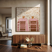 Pale Hats Hide Stripes - twin striped figure painting by Elliot Vale, modern figurative square wall art – styled room scene view 4