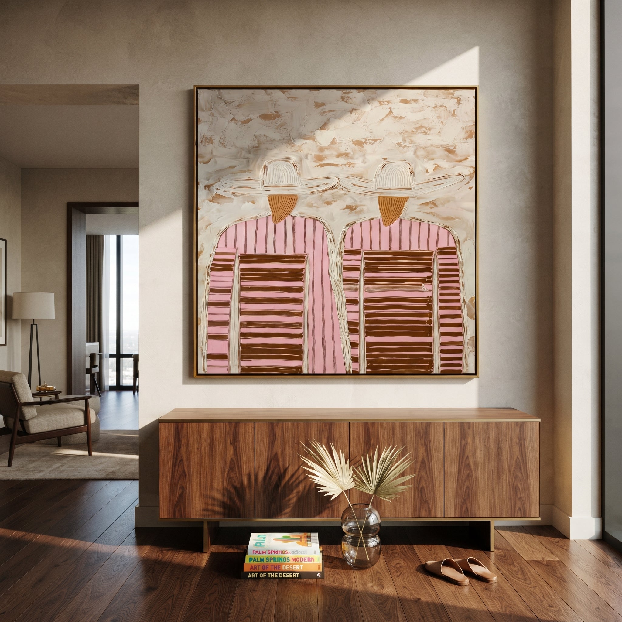 Pale Hats Hide Stripes - twin striped figure painting by Elliot Vale, modern figurative square wall art – styled room scene view 4