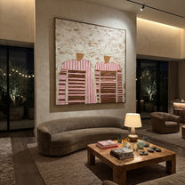 Pale Hats Hide Stripes - twin striped figure painting by Elliot Vale, modern figurative square wall art – styled room scene view 5