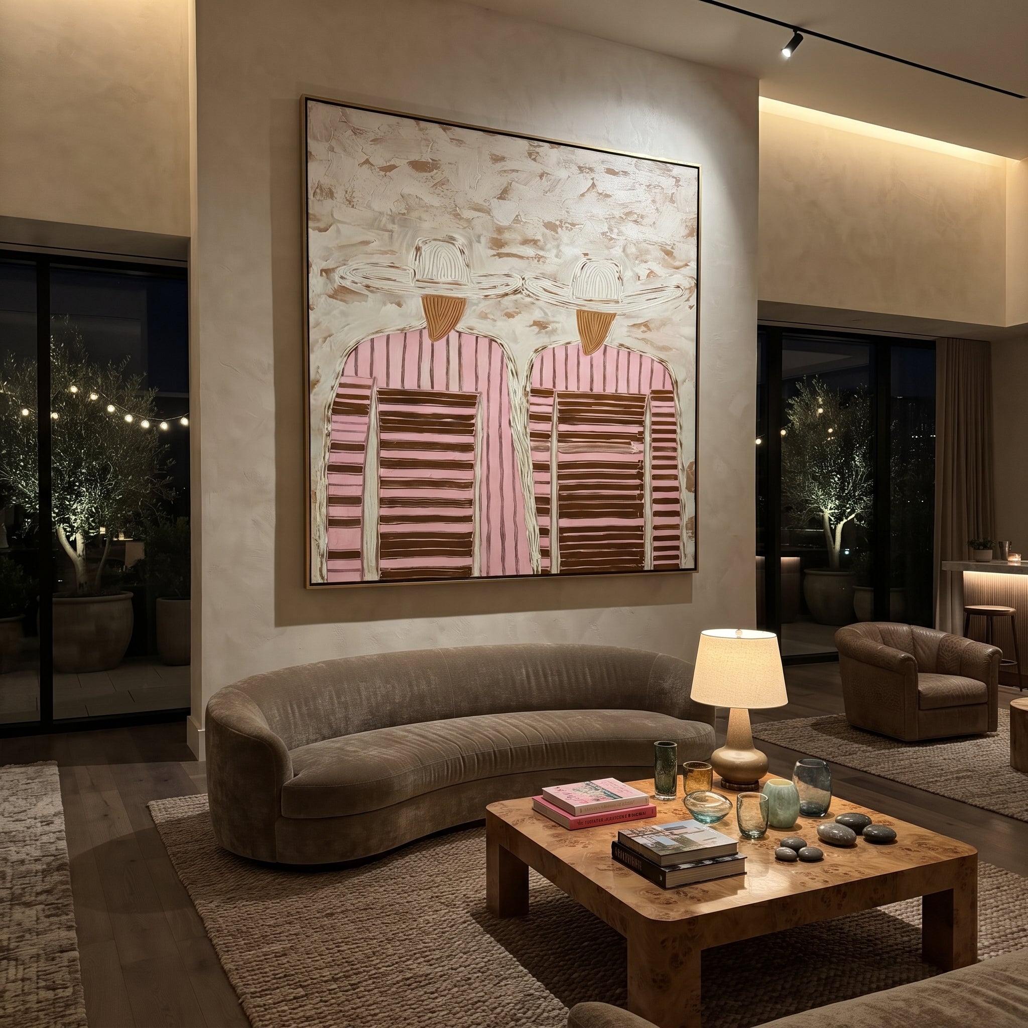 Pale Hats Hide Stripes - twin striped figure painting by Elliot Vale, modern figurative square wall art – styled room scene view 5