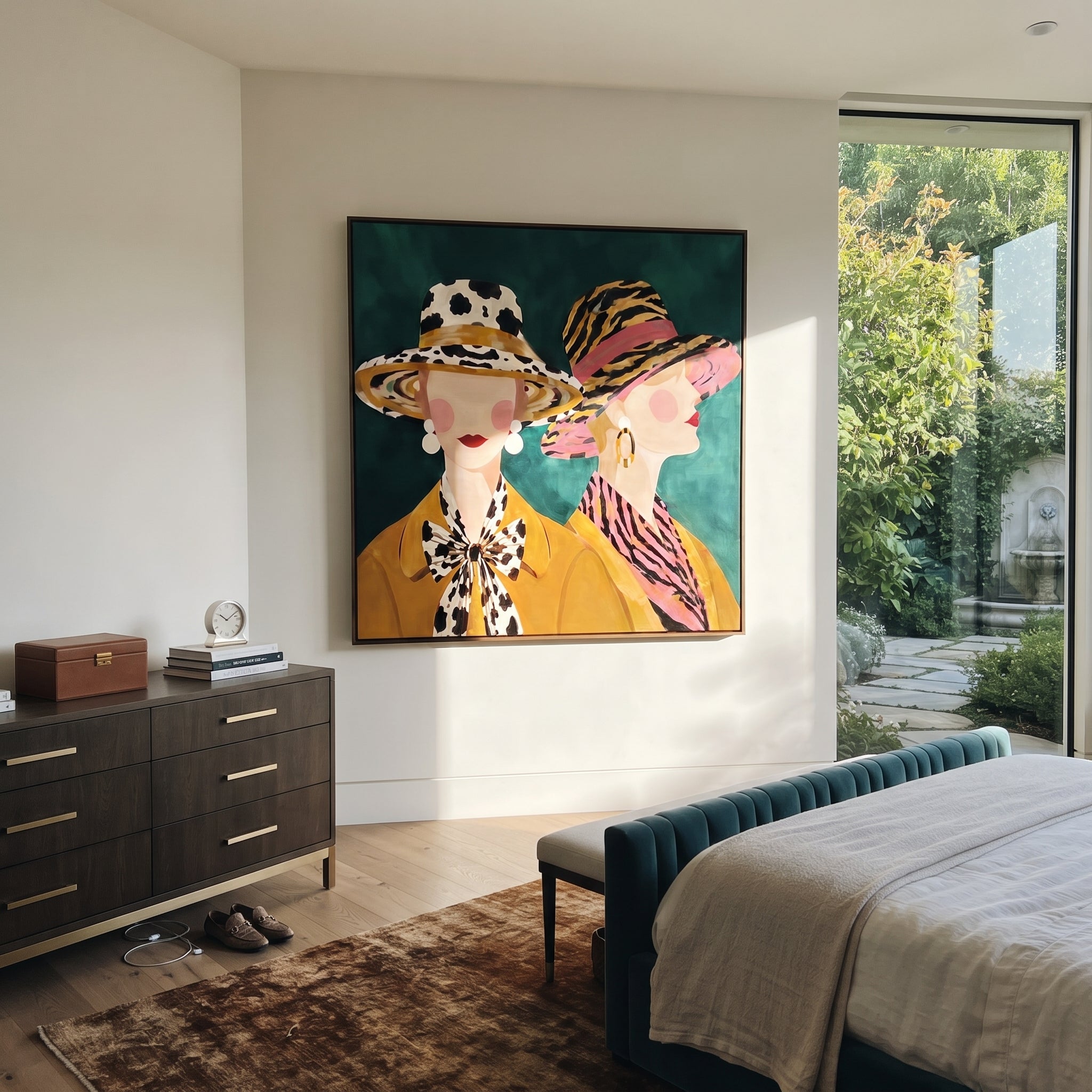 Wild Brims Face Forward - animal print hat women painting by Elliot Vale, modern figurative square wall art – styled room scene view 1