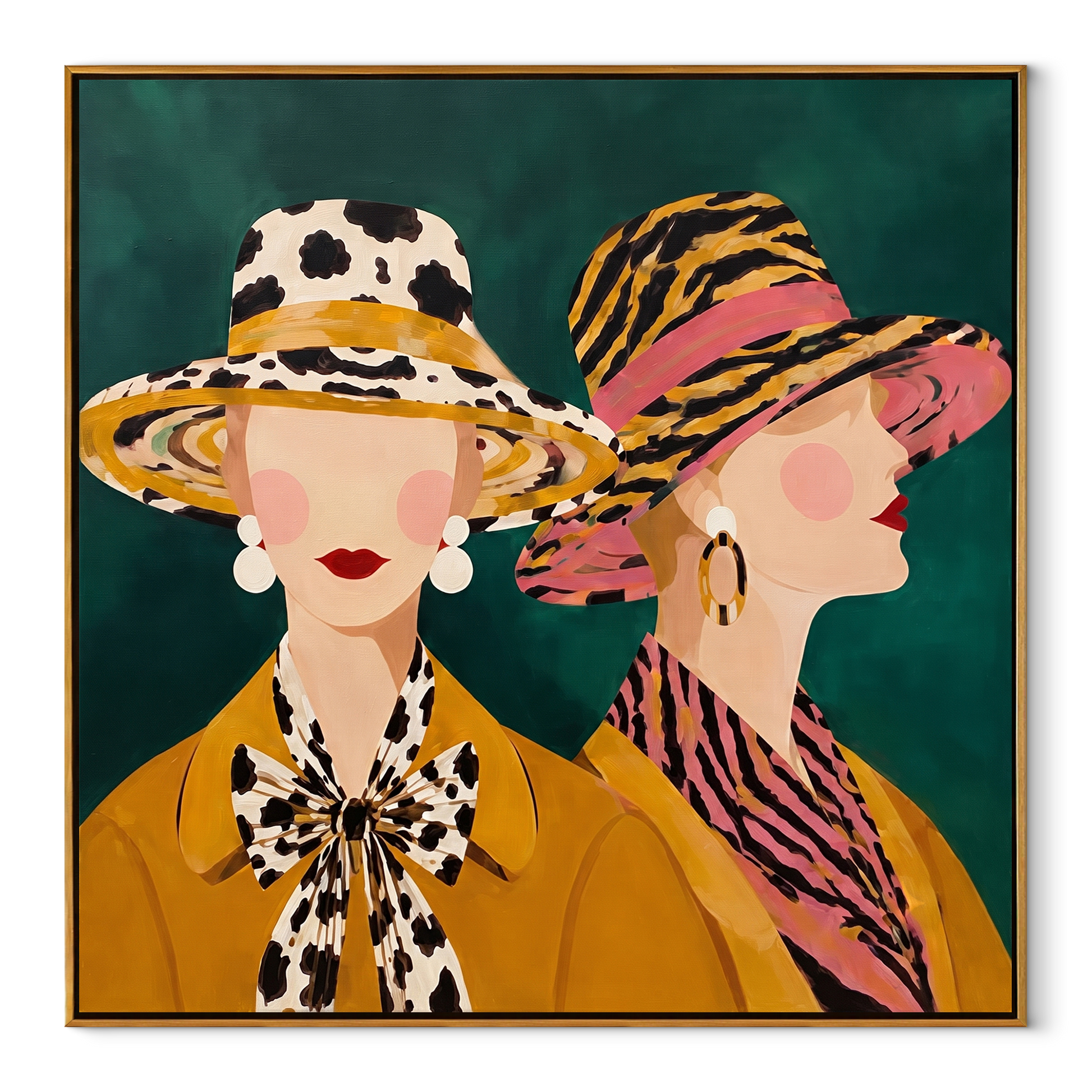 Wild Brims Face Forward - animal print hat women painting by Elliot Vale, modern figurative square wall art – wood frame on white background