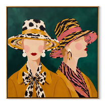 Wild Brims Face Forward - animal print hat women painting by Elliot Vale, modern figurative square wall art – wood frame on white background