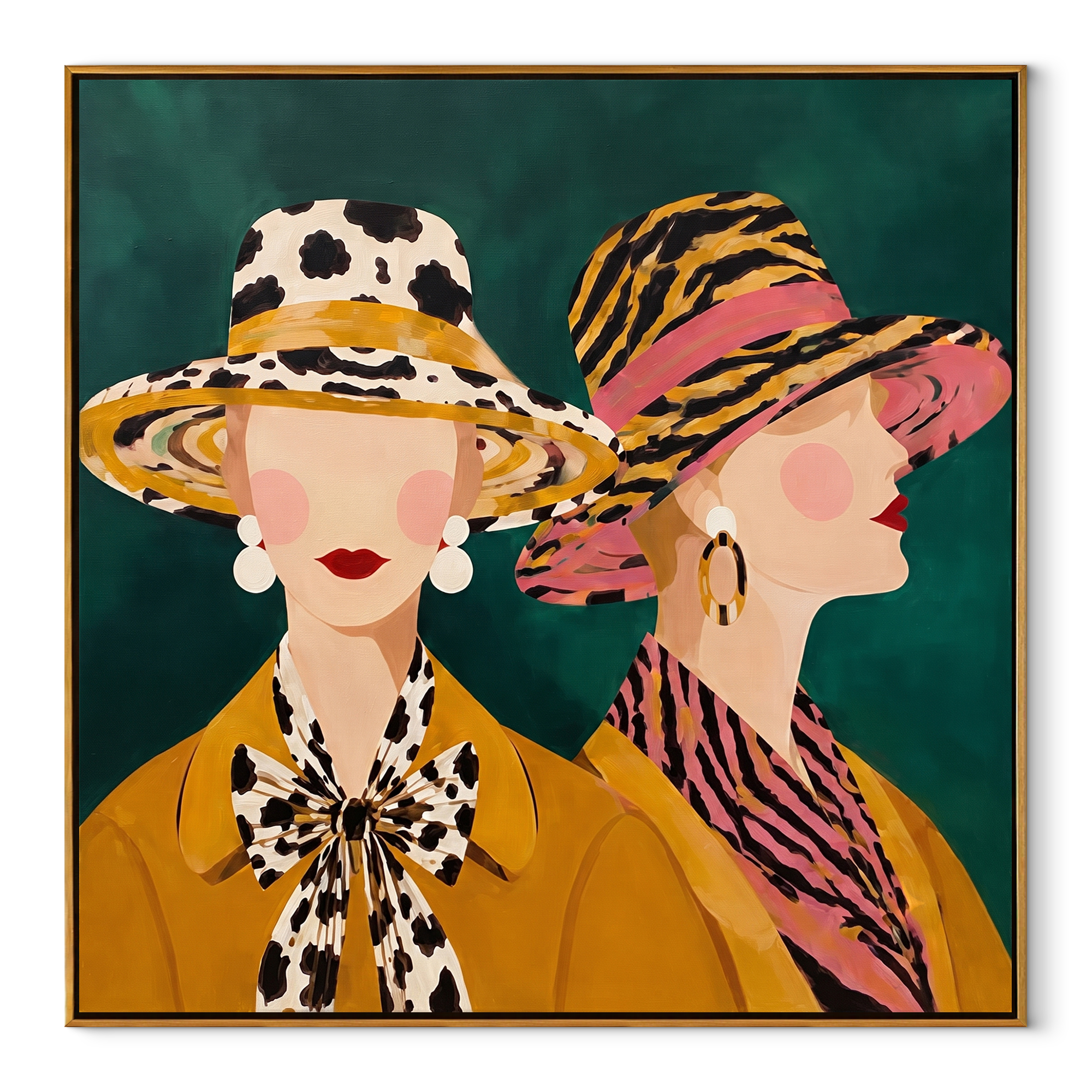 Wild Brims Face Forward - animal print hat women painting by Elliot Vale, modern figurative square wall art – wood frame on white background
