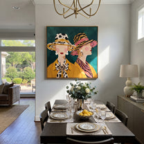 Wild Brims Face Forward - animal print hat women painting by Elliot Vale, modern figurative square wall art – styled room scene view 2