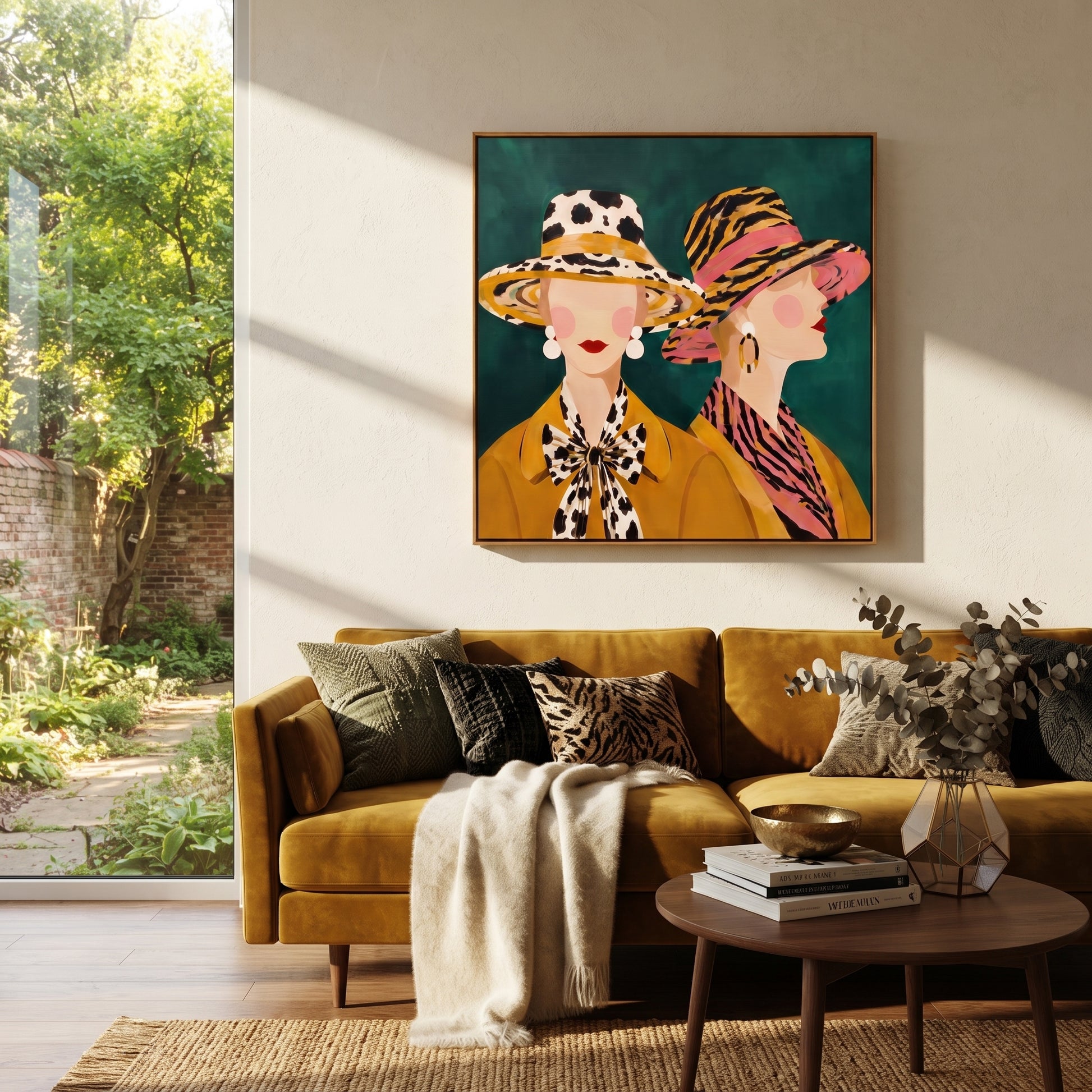 Wild Brims Face Forward - animal print hat women painting by Elliot Vale, modern figurative square wall art – styled room scene view 3