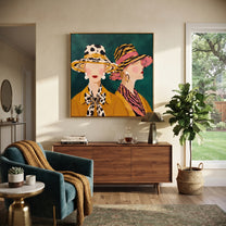 Wild Brims Face Forward - animal print hat women painting by Elliot Vale, modern figurative square wall art – styled room scene view 4