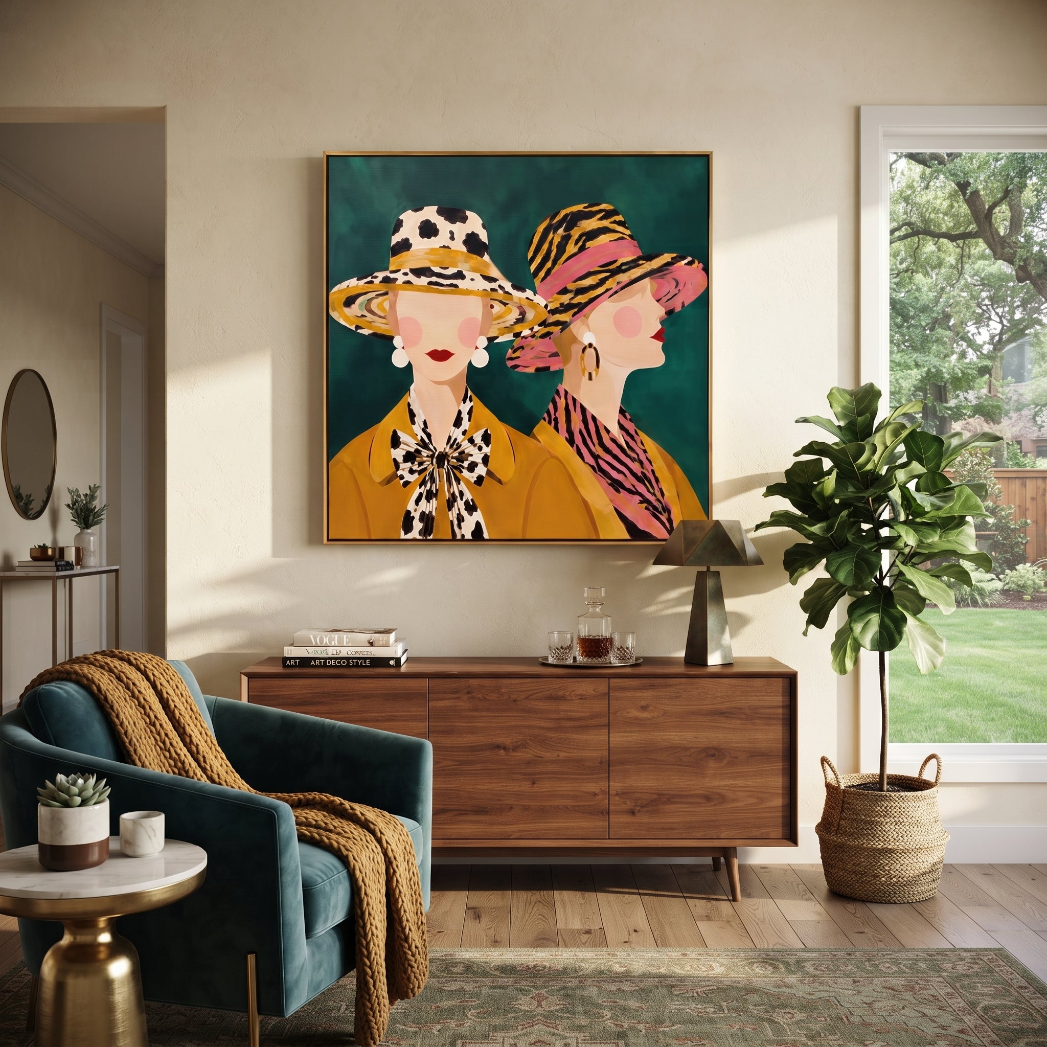 Wild Brims Face Forward - animal print hat women painting by Elliot Vale, modern figurative square wall art – styled room scene view 4