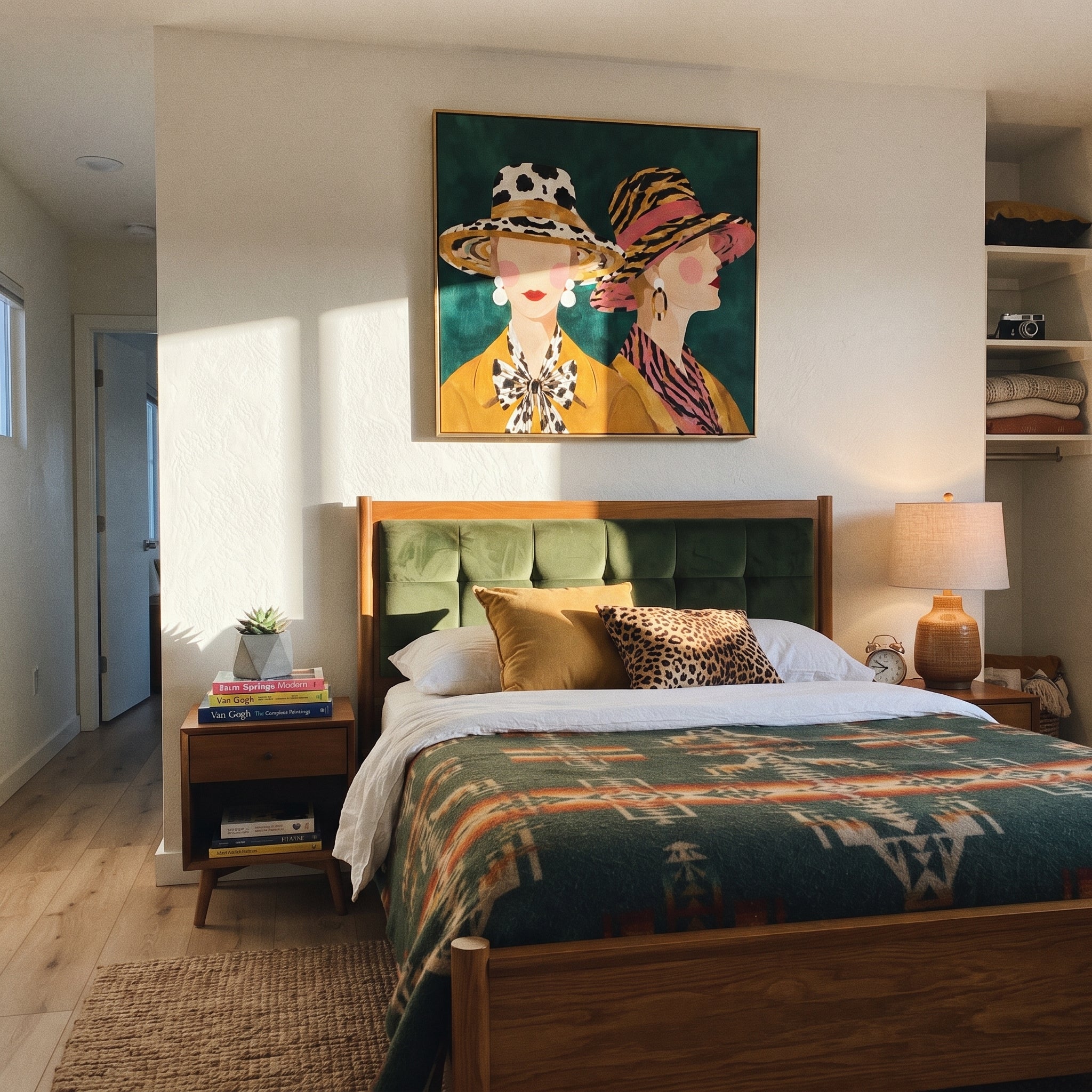 Wild Brims Face Forward - animal print hat women painting by Elliot Vale, modern figurative square wall art – styled room scene view 5