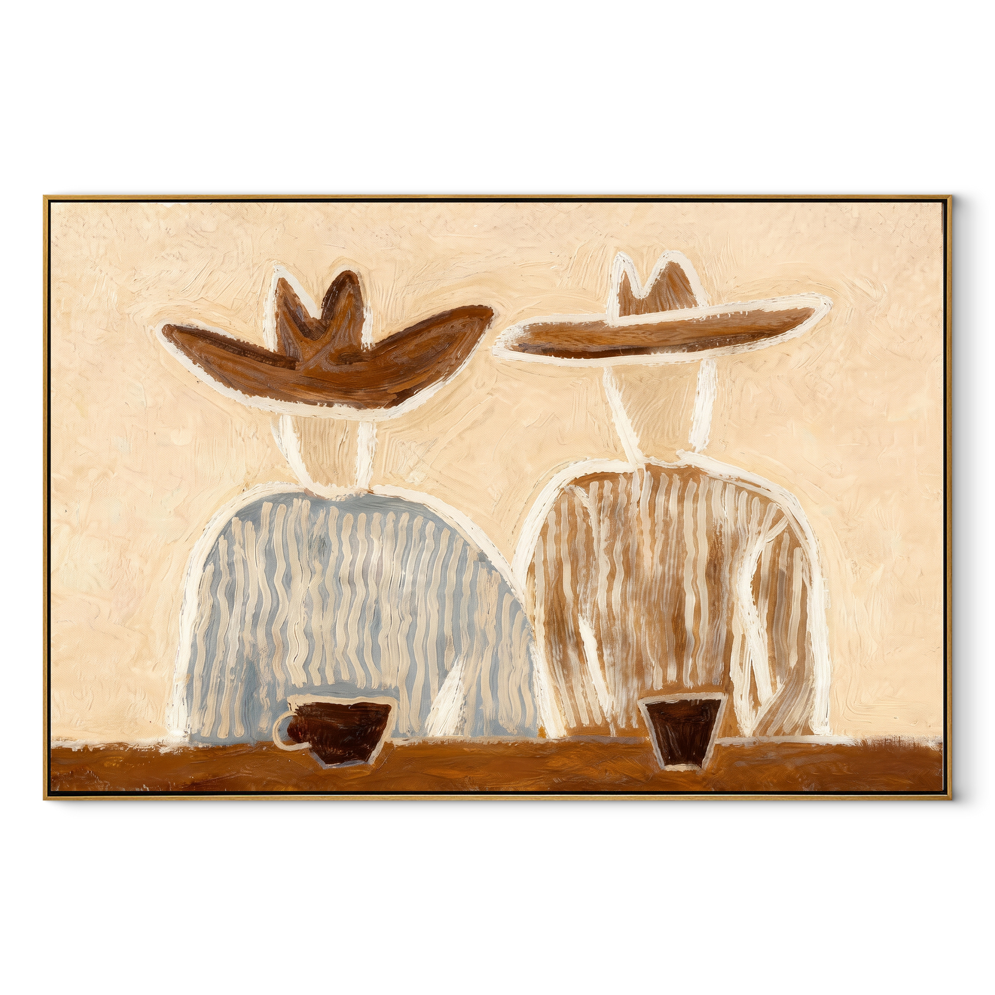 Coffee Waits Behind Blue - seated striped pair painting by Elliot Vale, modern figurative horizontal wall art – wood frame on white background