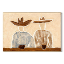 Coffee Waits Behind Blue - seated striped pair painting by Elliot Vale, modern figurative horizontal wall art – wood frame on white background