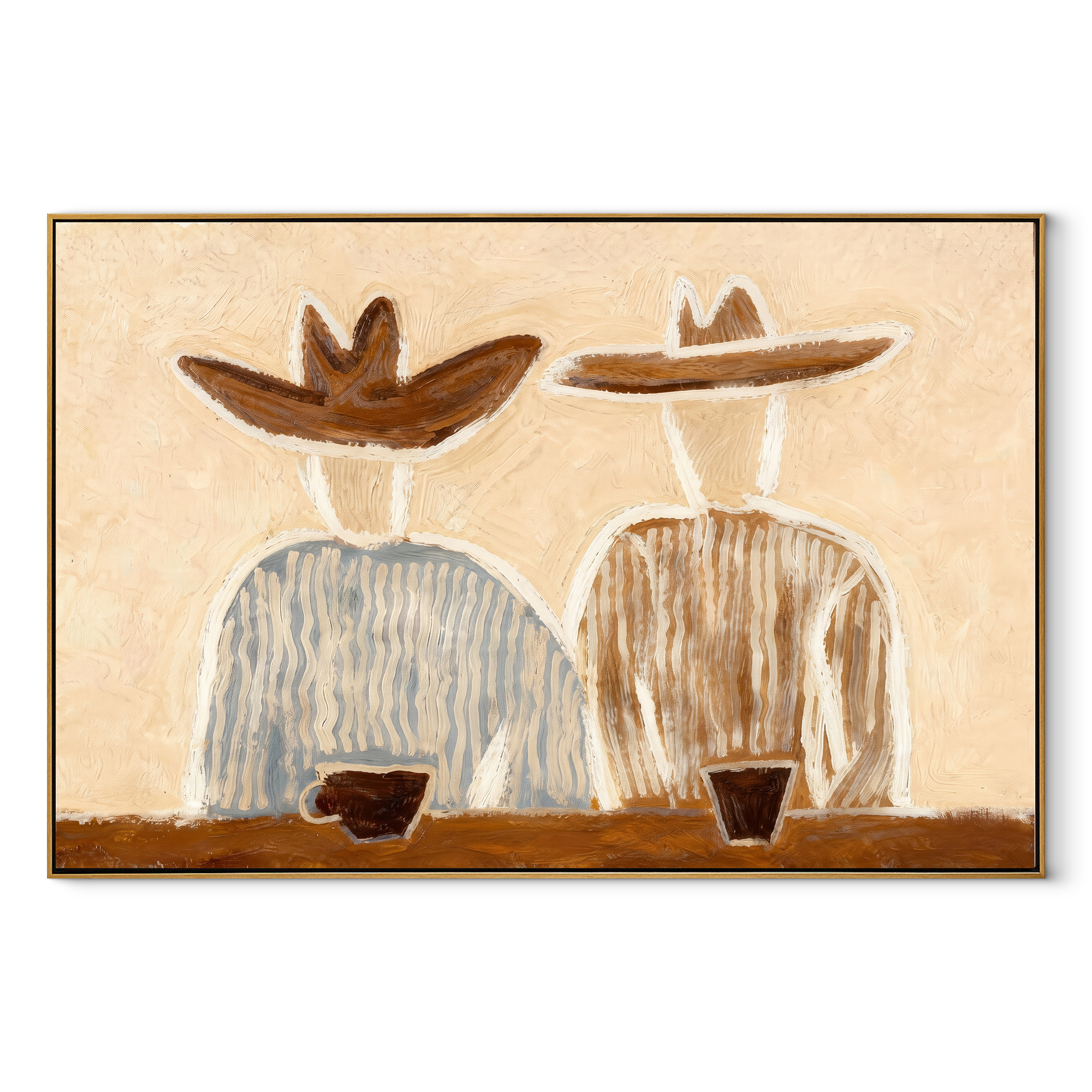 Coffee Waits Behind Blue - seated striped pair painting by Elliot Vale, modern figurative horizontal wall art – wood frame on white background