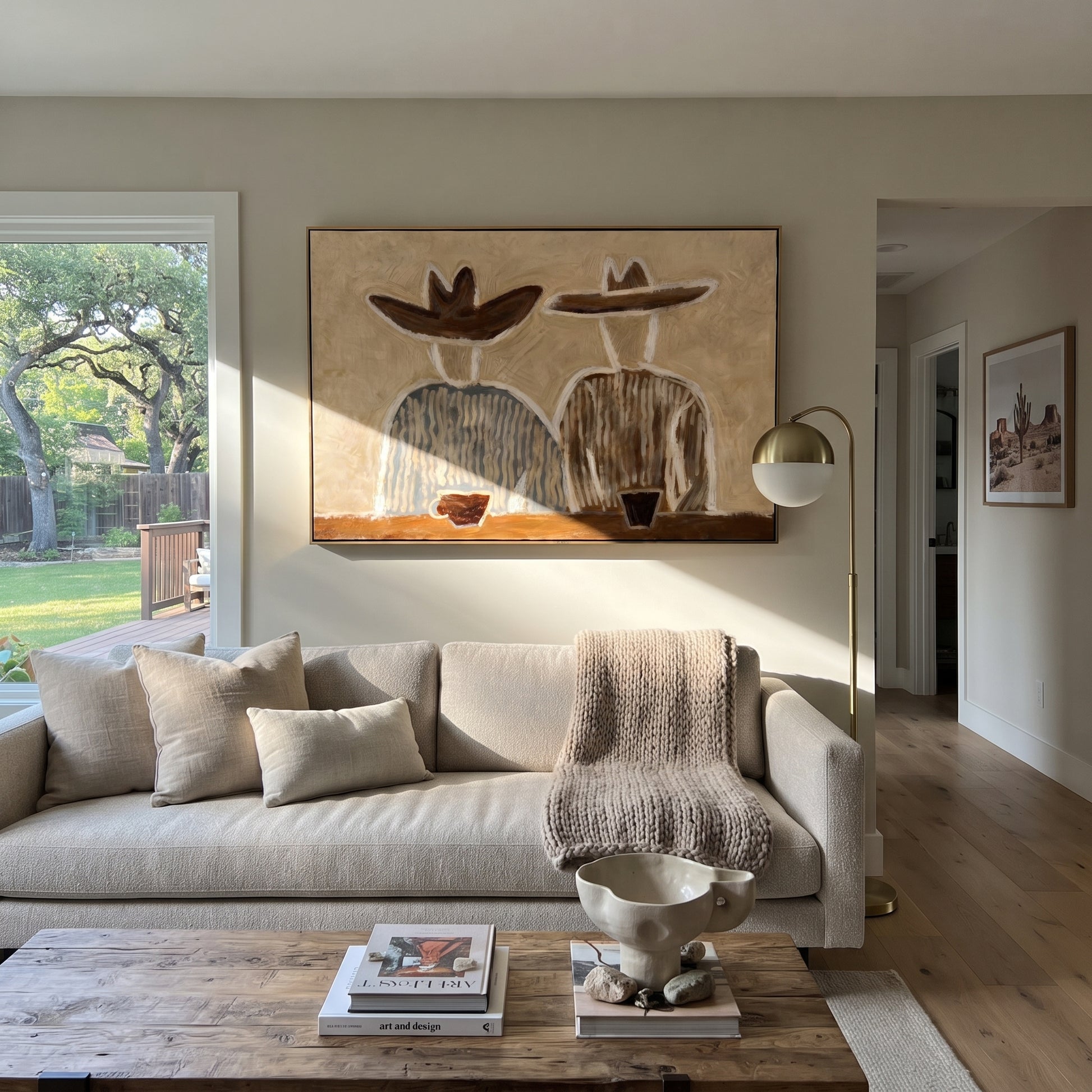 Coffee Waits Behind Blue - seated striped pair painting by Elliot Vale, modern figurative horizontal wall art – styled room scene view 2