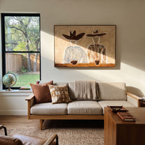 Coffee Waits Behind Blue - seated striped pair painting by Elliot Vale, modern figurative horizontal wall art – styled room scene view 3