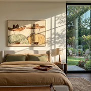 Two Cups Hold Morning - coffee pair figure painting by Elliot Vale, modern figurative horizontal wall art – styled room scene view 1