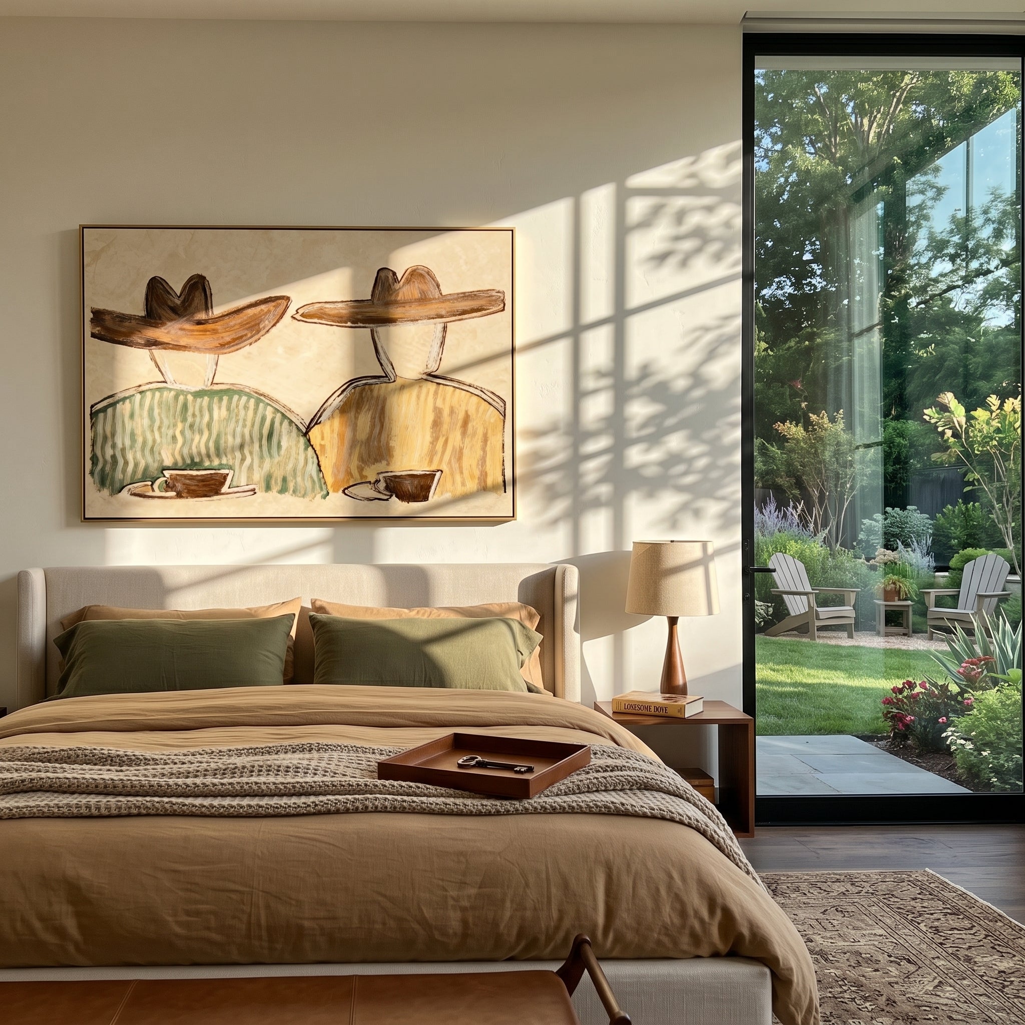 Two Cups Hold Morning - coffee pair figure painting by Elliot Vale, modern figurative horizontal wall art – styled room scene view 1