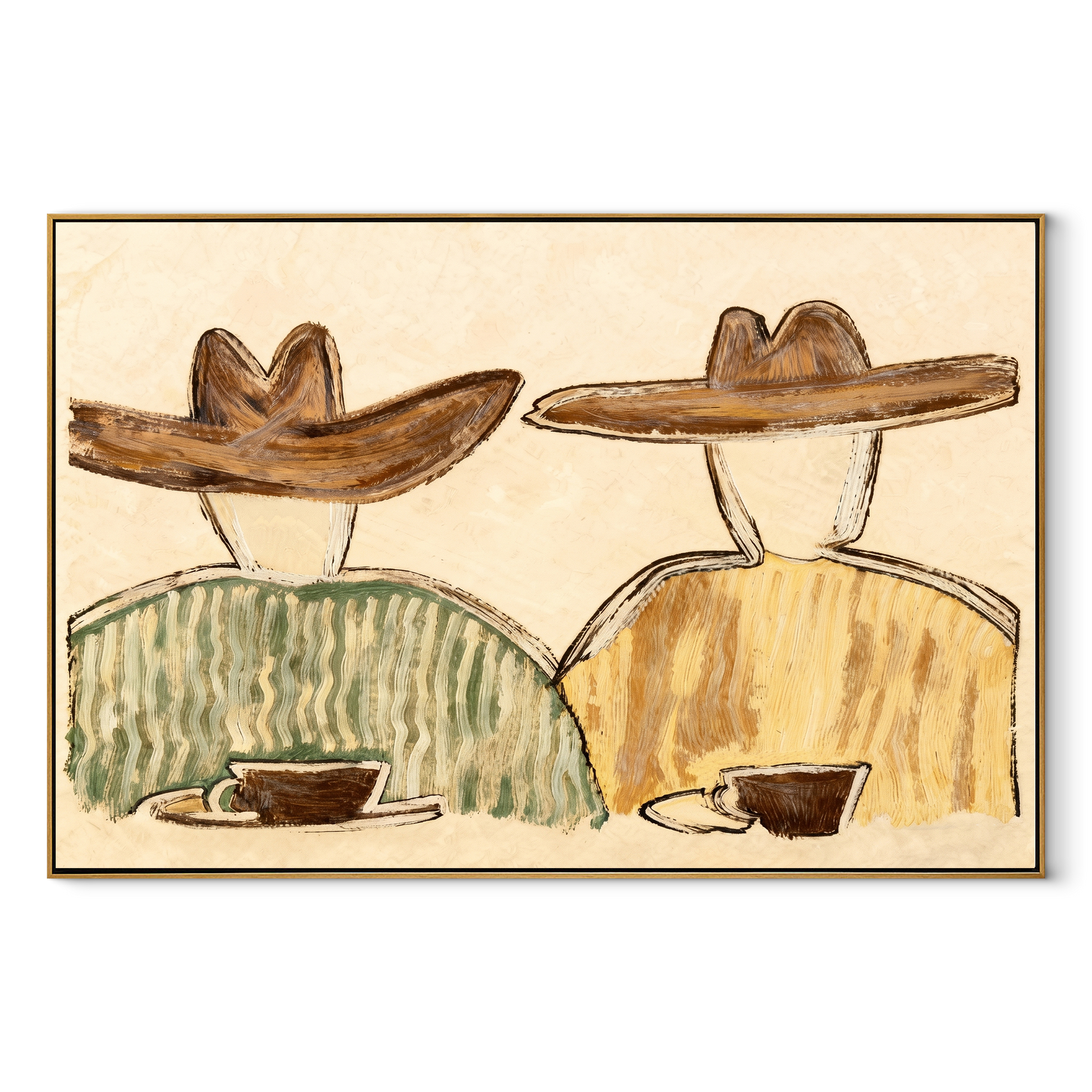 Two Cups Hold Morning - coffee pair figure painting by Elliot Vale, modern figurative horizontal wall art – wood frame on white background