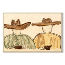 Two Cups Hold Morning - coffee pair figure painting by Elliot Vale, modern figurative horizontal wall art – wood frame on white background