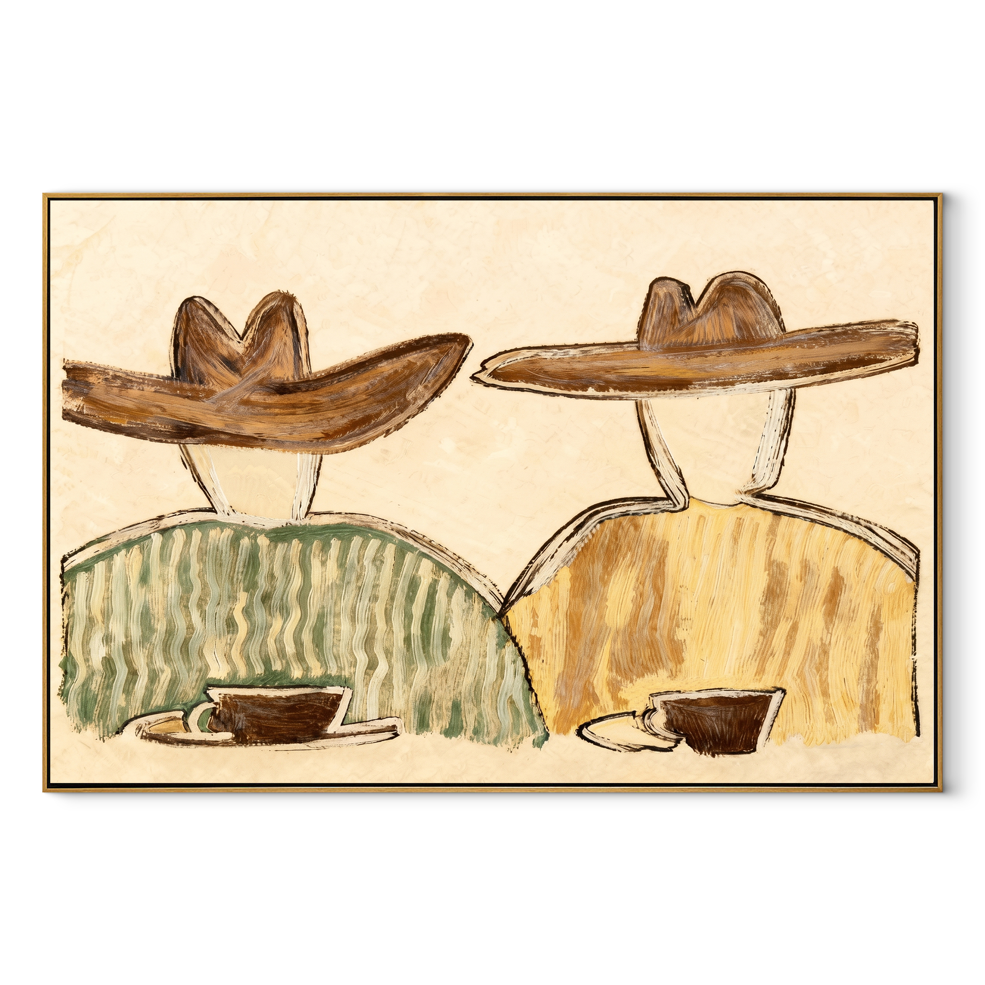 Two Cups Hold Morning - coffee pair figure painting by Elliot Vale, modern figurative horizontal wall art – wood frame on white background
